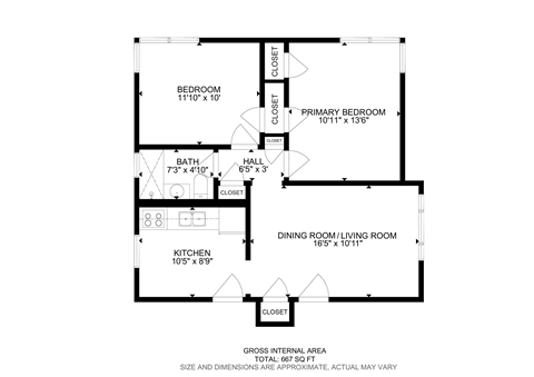 Floor plan for 2 beds, 1 bath, 667 sqft